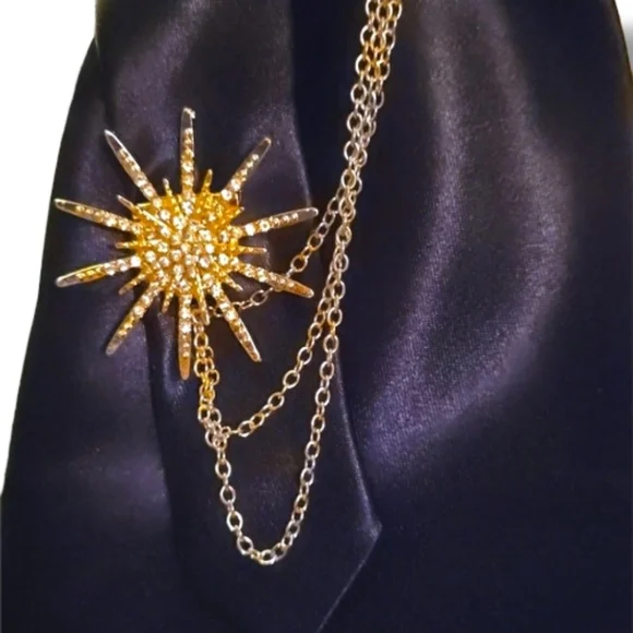 Decorative Satin Navy Statement Folded Cravat Necklace Gold Starburst Accents - Picture 4 of 5